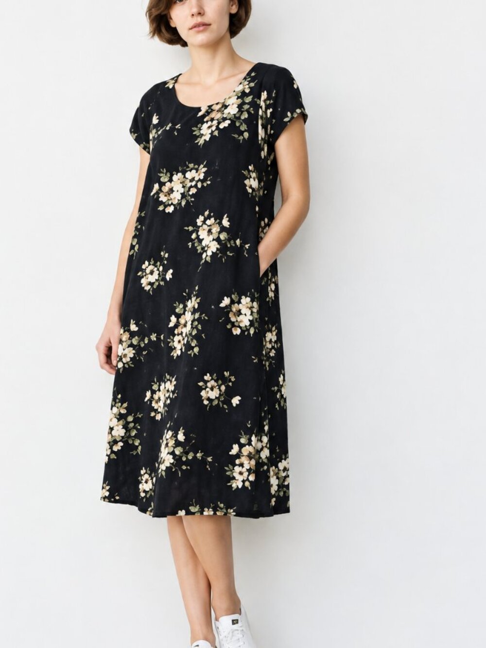 J. Jill Floral Button Back Midi Shift Dress Pockets Black Cream SZ Large Modest
